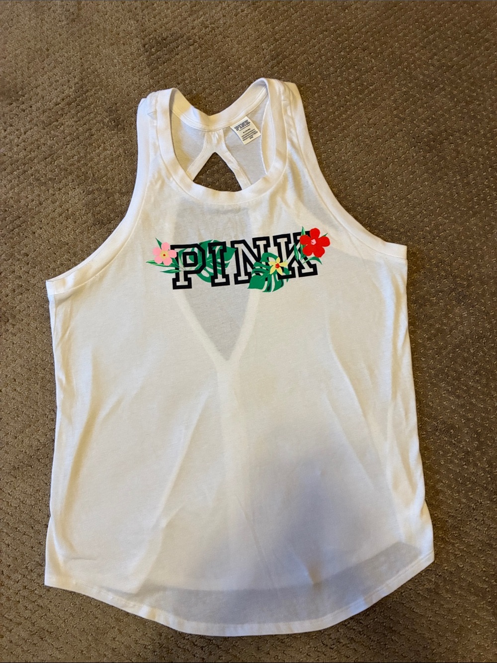 PINK Victoria's Secret White Tank with Tropical Floral Logo M